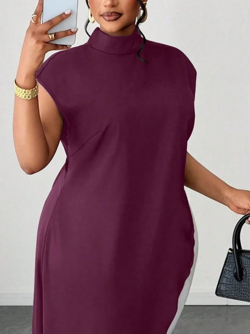 Red Violet Casual Women's Plus Size Stand Collar Asymmetrical Hem Long Shirt